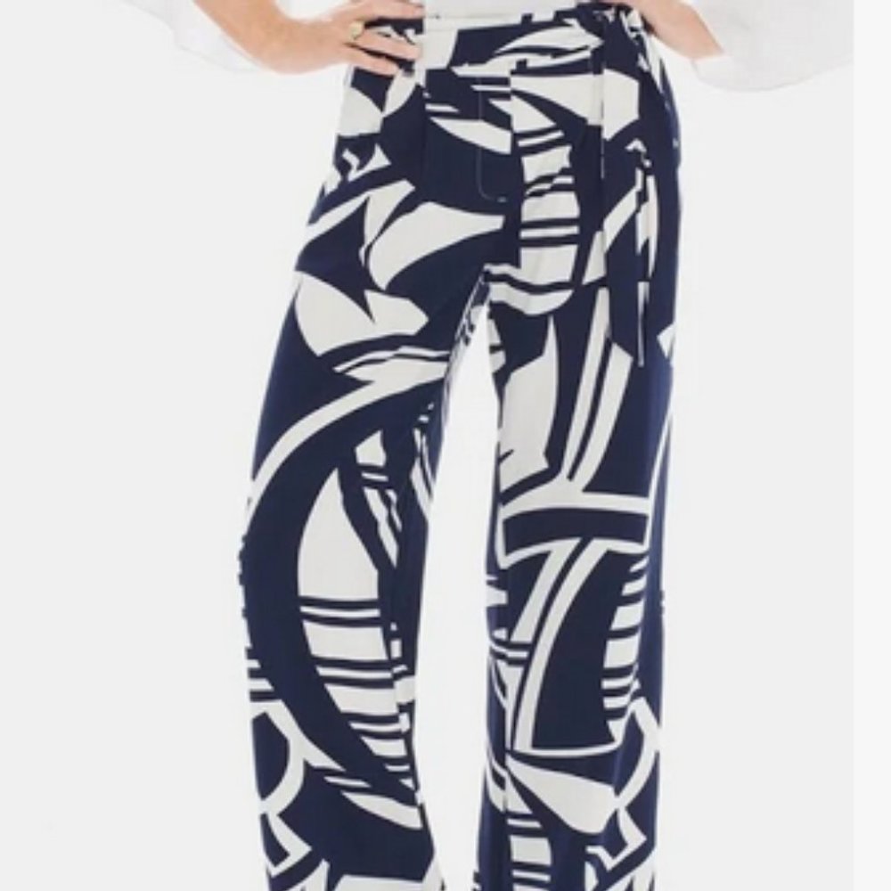 Chicos bold navy white textured abstract wide leg pants size 1